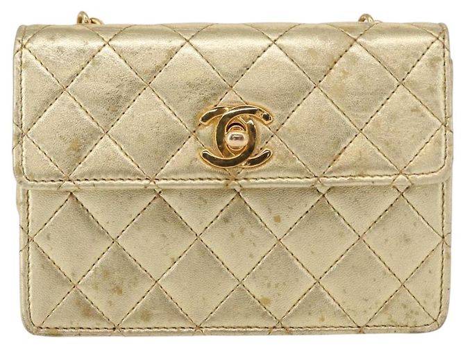 CHANEL Mini Matelassé Borsa a Spalla con Catena in Pelle di Agnello Oro CC Auth 152962 D'oro - vista 13
