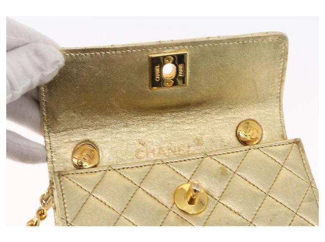 CHANEL Mini Matelassé Borsa a Spalla con Catena in Pelle di Agnello Oro CC Auth 152962 D'oro - vista 20