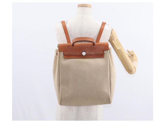 Hermès HERMES Herbag Tower Ash A Dos PM Zaino Canvas Beige Argento Auth 150848 - vista 23