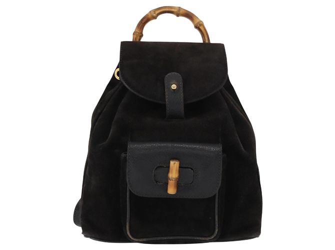 Zaino in Pelle Suede Gucci Bamboo Nero Oro 003 1705 0030 Auth BA7789 - vista 13