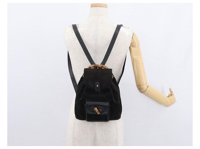 Zaino in Pelle Suede Gucci Bamboo Nero Oro 003 1705 0030 Auth BA7789 - vista 29