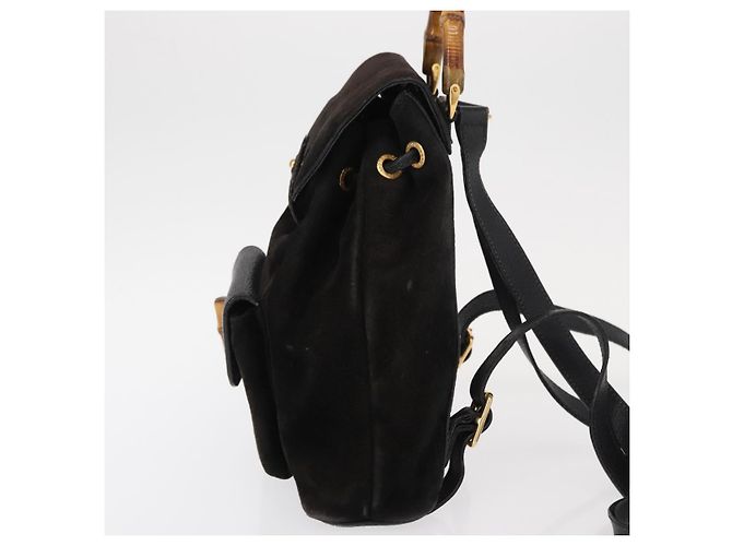 Zaino in Pelle Suede Gucci Bamboo Nero Oro 003 1705 0030 Auth BA7789 - vista 3