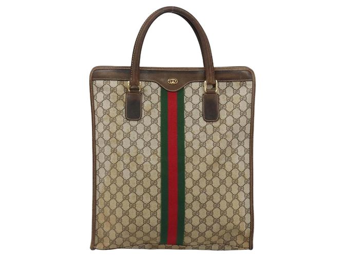 Borsa tote Gucci GG Supreme Web Sherry Line in PVC beige e oro 010 378 Auth 154418 D'oro - vista 13
