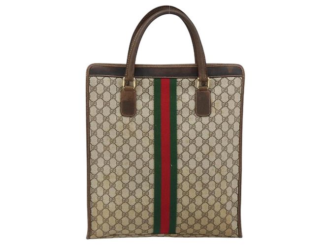 Borsa tote Gucci GG Supreme Web Sherry Line in PVC beige e oro 010 378 Auth 154418 D'oro - vista 2