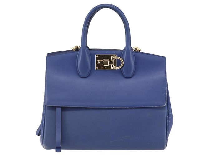 Borsa a mano in pelle Gancini Salvatore Ferragamo 2 in 1 Blu Oro Auth 150875 - vista 2
