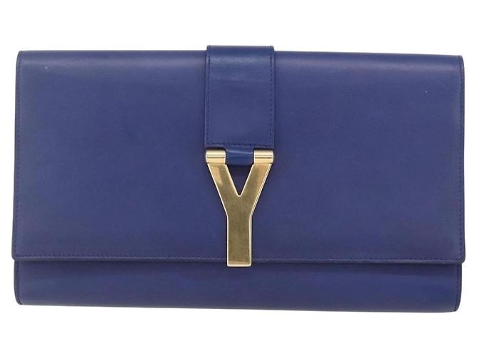 Saint Laurent Borsa Clutch Y line in pelle blu e oro Auth 157266V D'oro - vista 13