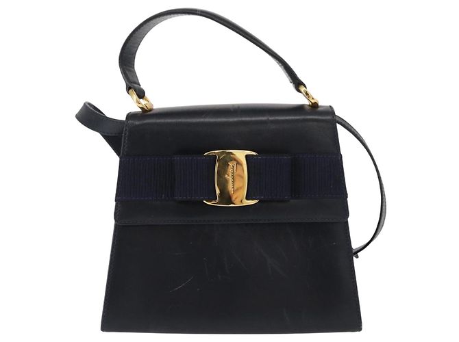 Borsa a mano in pelle Salvatore Ferragamo Vala 2 in 1 Blu Navy Oro Auth 154340 - vista 13
