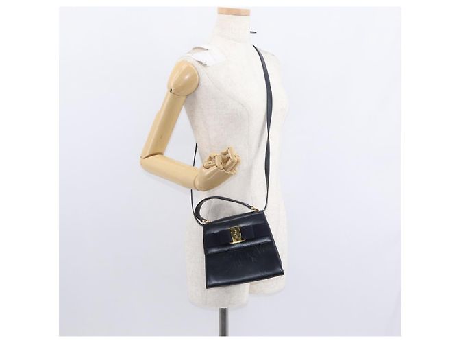 Borsa a mano in pelle Salvatore Ferragamo Vala 2 in 1 Blu Navy Oro Auth 154340 - vista 24