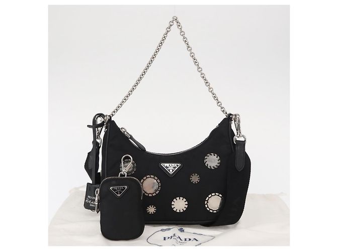 PRADA Re-Edition 2005 Borsa a Spalla Nylon 2in1 Nero Argento 1BH204 Auth 157130SAM - vista 12