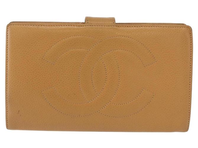 CHANEL COCO Cartera Larga Mark Piel Caviar Beige Oro CC Auth bs31582 Dorado - vista 13