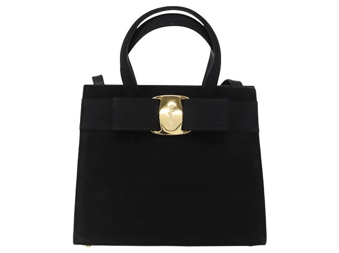 Salvatore Ferragamo Vala Hand Bag Suede 2way Black Gold Auth 156942 Golden - view 13