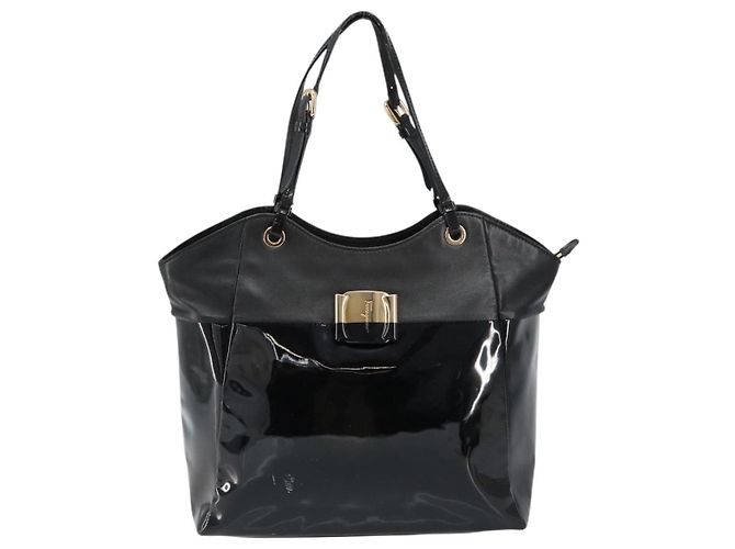 Borsa Tote Vala in pelle smaltata nera e oro Auth BA8230 di Salvatore Ferragamo Nero D'oro - vista 13