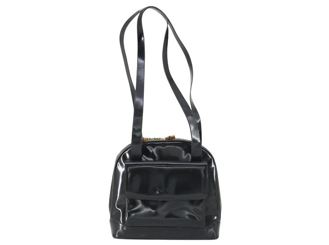 Borsa Tote Bamboo GUCCI Pelle lucida Nera Oro 001 3444 1650 Auth 153194 - vista 13