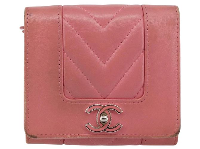 CHANEL V Stitch COCO Mark Cartera Trifold de Piel de Cordero Rosa Plata CC Auth 146750 - vista 13