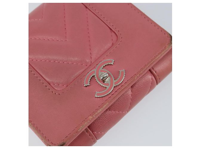 CHANEL V Stitch COCO Mark Cartera Trifold de Piel de Cordero Rosa Plata CC Auth 146750 - vista 17