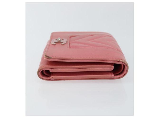 CHANEL V Stitch COCO Mark Cartera Trifold de Piel de Cordero Rosa Plata CC Auth 146750 - vista 3