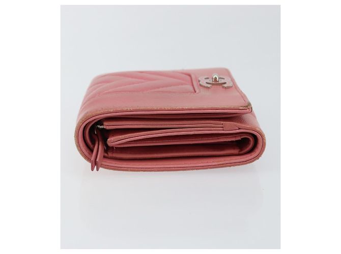 CHANEL V Stitch COCO Mark Cartera Trifold de Piel de Cordero Rosa Plata CC Auth 146750 - vista 4