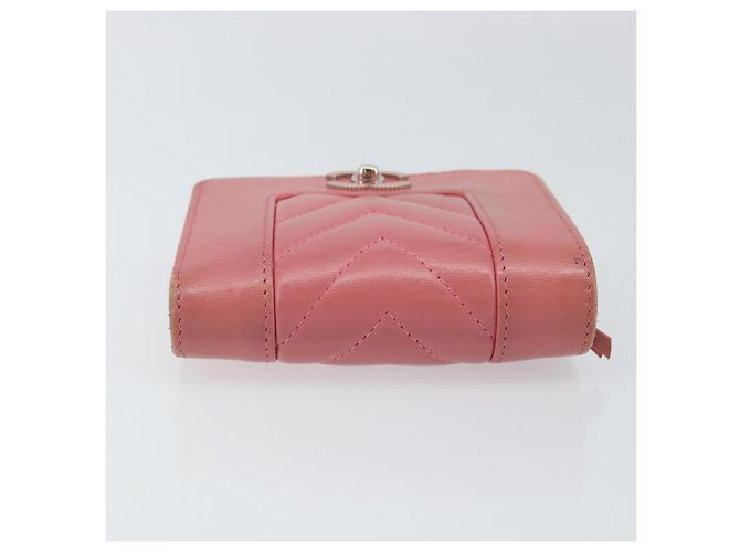 CHANEL V Stitch COCO Mark Cartera Trifold de Piel de Cordero Rosa Plata CC Auth 146750 - vista 5