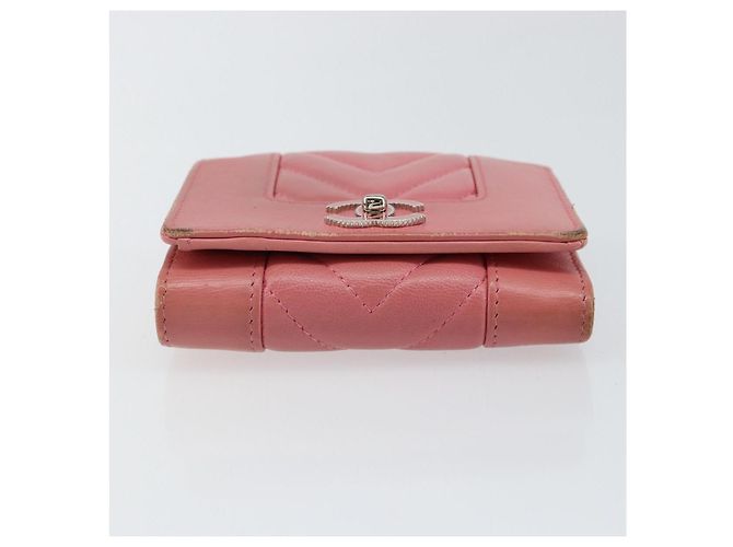 CHANEL V Stitch COCO Mark Cartera Trifold de Piel de Cordero Rosa Plata CC Auth 146750 - vista 6