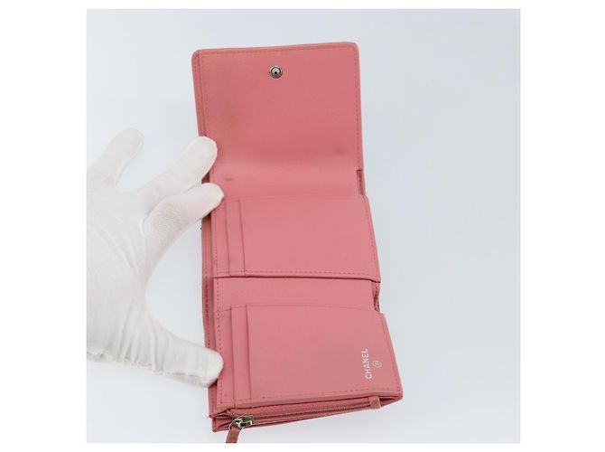 CHANEL V Stitch COCO Mark Cartera Trifold de Piel de Cordero Rosa Plata CC Auth 146750 - vista 9