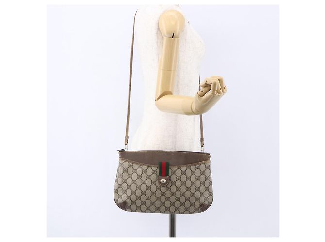 Borsa Gucci GG Supreme Web Sherry Line in PVC Beige Oro Rosso 904 02 026 Auth ka287 D'oro - vista 24