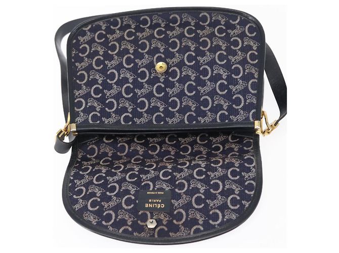 BORSO A SPALLA CÉLINE C SULKY CARRIAGE IN CANVAS E PELLE BLU NAVY ORO AUTH 153832 D'oro - vista 10