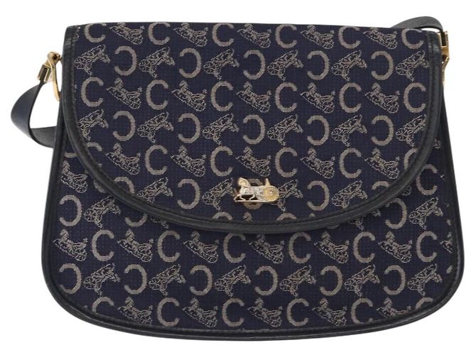 BORSO A SPALLA CÉLINE C SULKY CARRIAGE IN CANVAS E PELLE BLU NAVY ORO AUTH 153832 D'oro - vista 13
