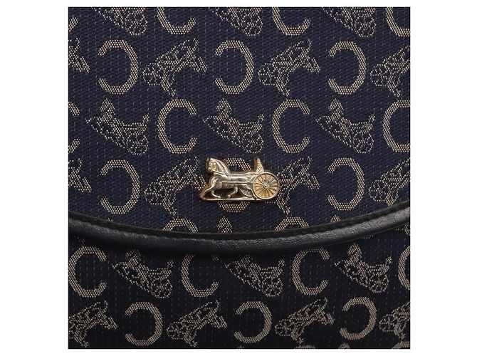BORSO A SPALLA CÉLINE C SULKY CARRIAGE IN CANVAS E PELLE BLU NAVY ORO AUTH 153832 D'oro - vista 17