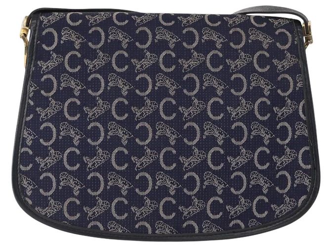 BORSO A SPALLA CÉLINE C SULKY CARRIAGE IN CANVAS E PELLE BLU NAVY ORO AUTH 153832 D'oro - vista 2