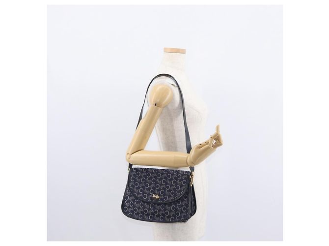 BORSO A SPALLA CÉLINE C SULKY CARRIAGE IN CANVAS E PELLE BLU NAVY ORO AUTH 153832 D'oro - vista 24