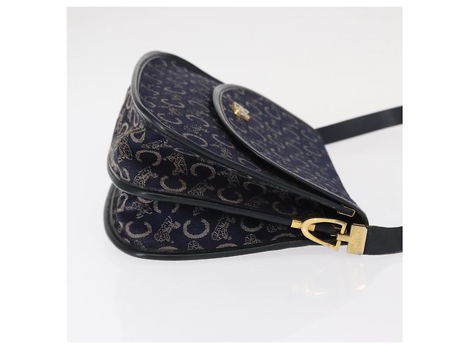BORSO A SPALLA CÉLINE C SULKY CARRIAGE IN CANVAS E PELLE BLU NAVY ORO AUTH 153832 D'oro - vista 3
