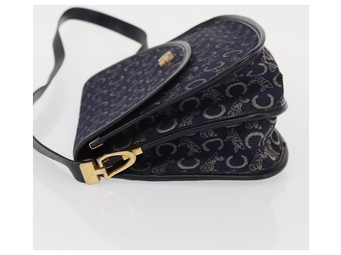 BORSO A SPALLA CÉLINE C SULKY CARRIAGE IN CANVAS E PELLE BLU NAVY ORO AUTH 153832 D'oro - vista 4