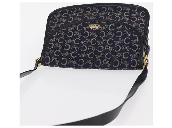 BORSO A SPALLA CÉLINE C SULKY CARRIAGE IN CANVAS E PELLE BLU NAVY ORO AUTH 153832 D'oro - vista 6