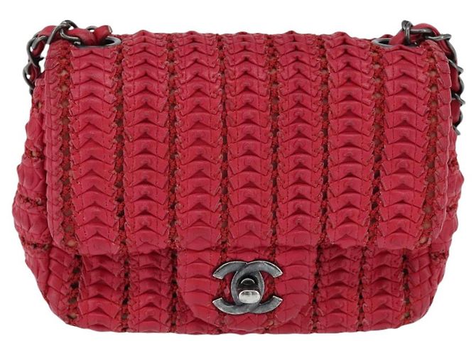CHANEL Borsa a tracolla Cloche Turn Lock in pelle di agnello rossa argento CC Auth bs30375 Rosso - vista 13