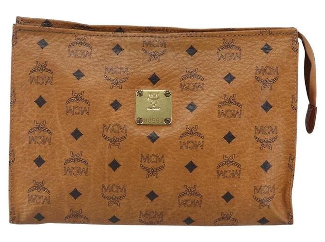 MCM Logogram Vicetos Clutch Bag in PVC Pelle Marrone Oro Auth BA7355 D'oro - vista 13