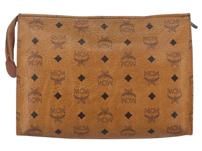 MCM Logogram Vicetos Clutch Bag in PVC Pelle Marrone Oro Auth BA7355 D'oro - vista 2