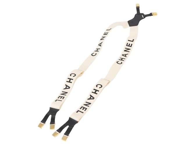 Chanel Suspensórios de lona de couro branco CC Auth mr1577 - vista 2