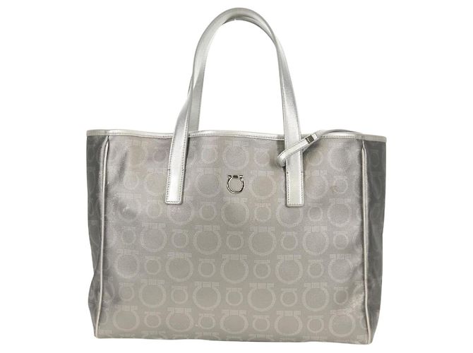 Borsa Tote Gancini in Pelle Argento Salvatore Ferragamo Auth BA6592 - vista 2