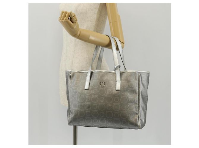 Borsa Tote Gancini in Pelle Argento Salvatore Ferragamo Auth BA6592 - vista 28