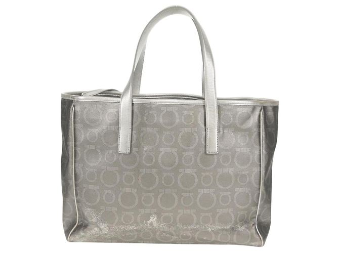Borsa Tote Gancini in Pelle Argento Salvatore Ferragamo Auth BA6592 - vista 3