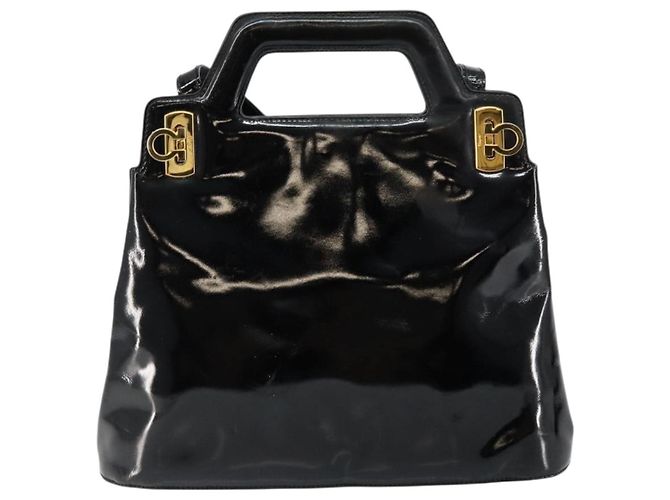 Bolsa Gancini de esmalte 2 em 1 preta e dourada Auth 147151 da Salvatore Ferragamo Preto Dourado - vista 2