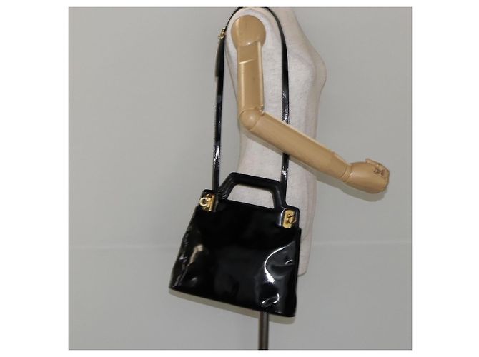 Bolsa Gancini de esmalte 2 em 1 preta e dourada Auth 147151 da Salvatore Ferragamo Preto Dourado - vista 22