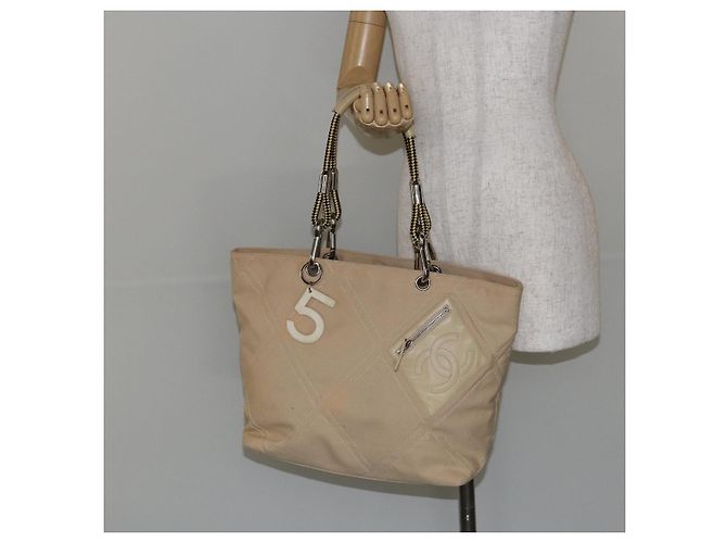 CHANEL Borsa a Mano in Tela Beige Argento CC Auth 147412 - vista 25