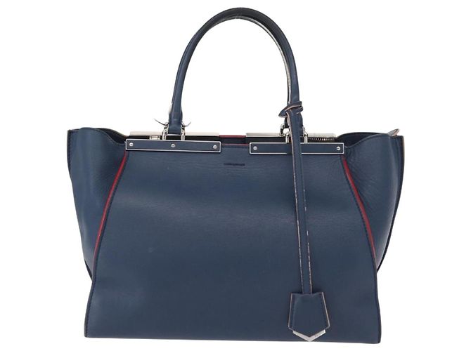 FENDI Trois Jules Borsa a Mano in Pelle Blu Navy Argento Auth 152694 - vista 13