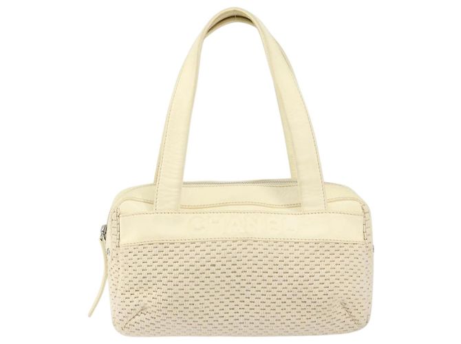 CHANEL Tote Bag Canvas Leder Weiß Silber CC Auth BA8037 - Ansicht 13