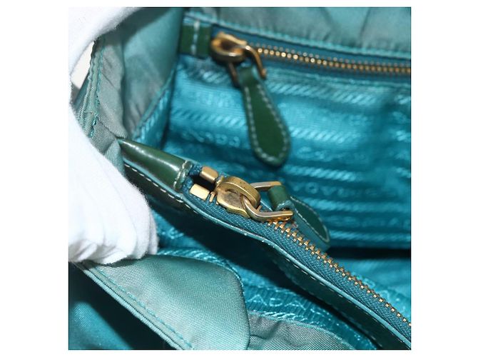 Borsa Tote PRADA in nylon blu turchese oro Auth 155080 D'oro - vista 10