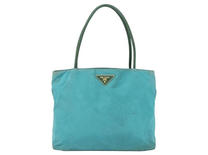 Borsa Tote PRADA in nylon blu turchese oro Auth 155080 D'oro - vista 13