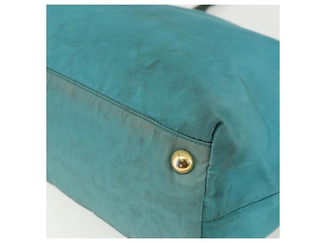 Borsa Tote PRADA in nylon blu turchese oro Auth 155080 D'oro - vista 15