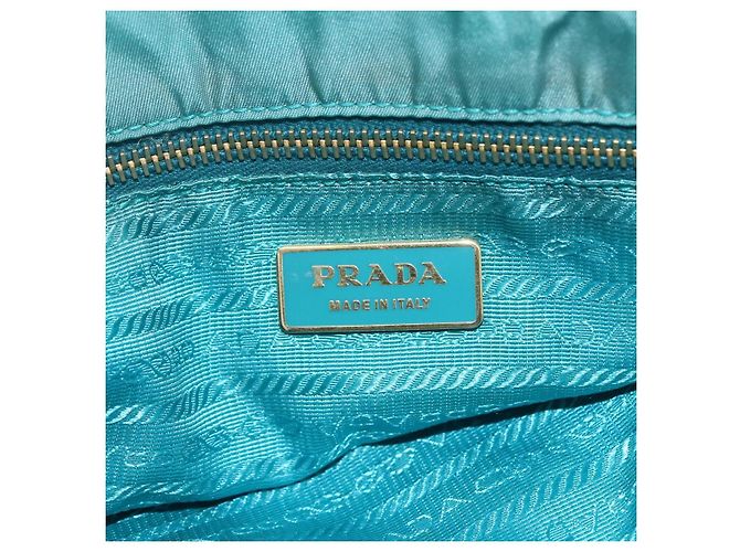 Borsa Tote PRADA in nylon blu turchese oro Auth 155080 D'oro - vista 18