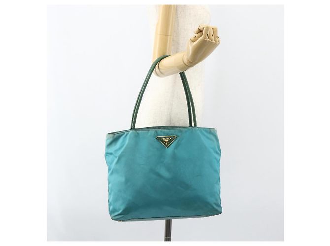 Borsa Tote PRADA in nylon blu turchese oro Auth 155080 D'oro - vista 24